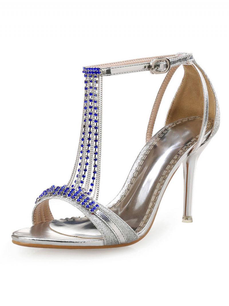 Avondsandalen Met Enkelbandje Hak Dames Galaschoenen Strass Steentjes - Blauw