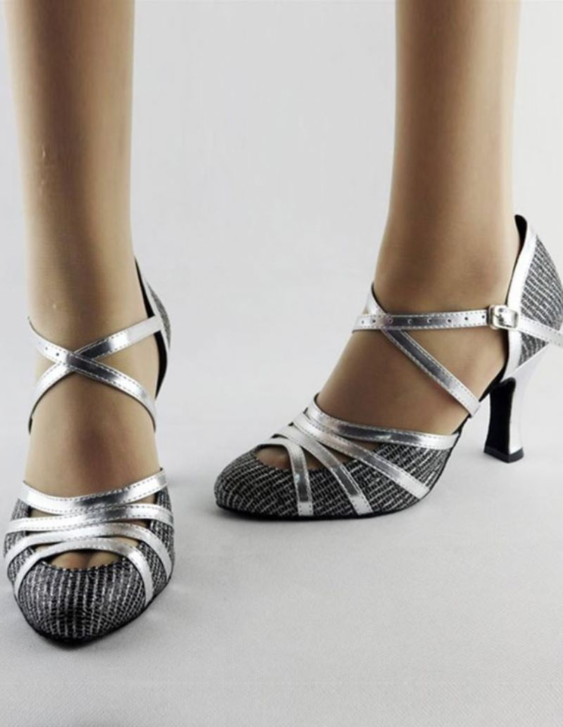 Ballroom Dansschoenen Latin Vrouwen Kriskras Amandel Teen Hoge Hak - Zilver