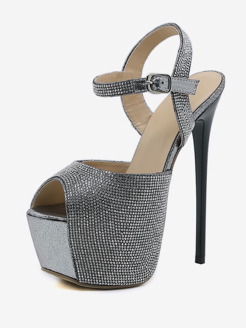 Dames Hoge Hak Sexy Sandalen Glitter Platform Peep Toe Strass Hemelshoge 6.3 Inchsexy Schoenen - Zwart