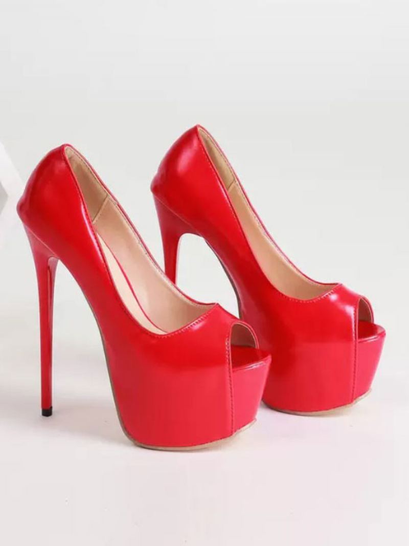 Dames Hoge Hakpompen Pu-leer Rode Peeptoe Hak Feestschoenen Avondschoenen - Rood