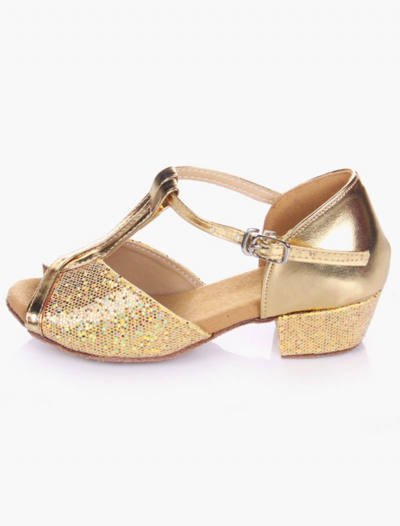 Dames Latin Dansschoenen Blond Peep Toe T Type Zachte Zool Ballroom Schoenen Kinderen - Goud