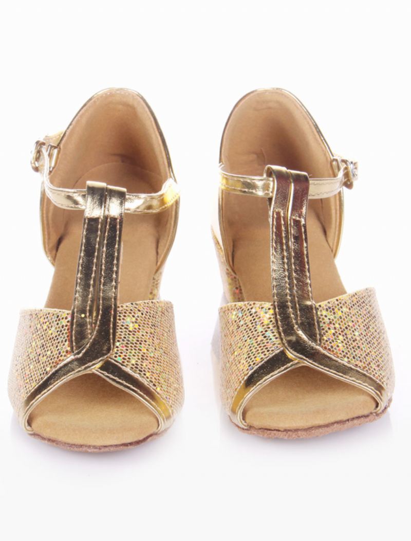 Dames Latin Dansschoenen Blond Peep Toe T Type Zachte Zool Ballroom Schoenen Kinderen - Goud