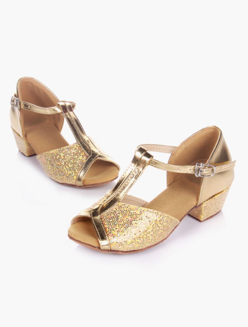 Dames Latin Dansschoenen Blond Peep Toe T Type Zachte Zool Ballroom Schoenen Kinderen - Goud