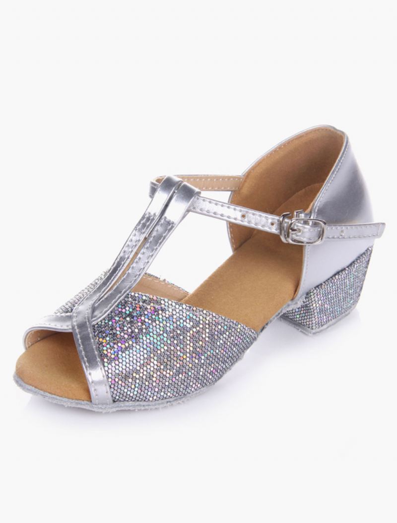 Dames Latin Dansschoenen Blond Peep Toe T Type Zachte Zool Ballroom Schoenen Kinderen - Zilver