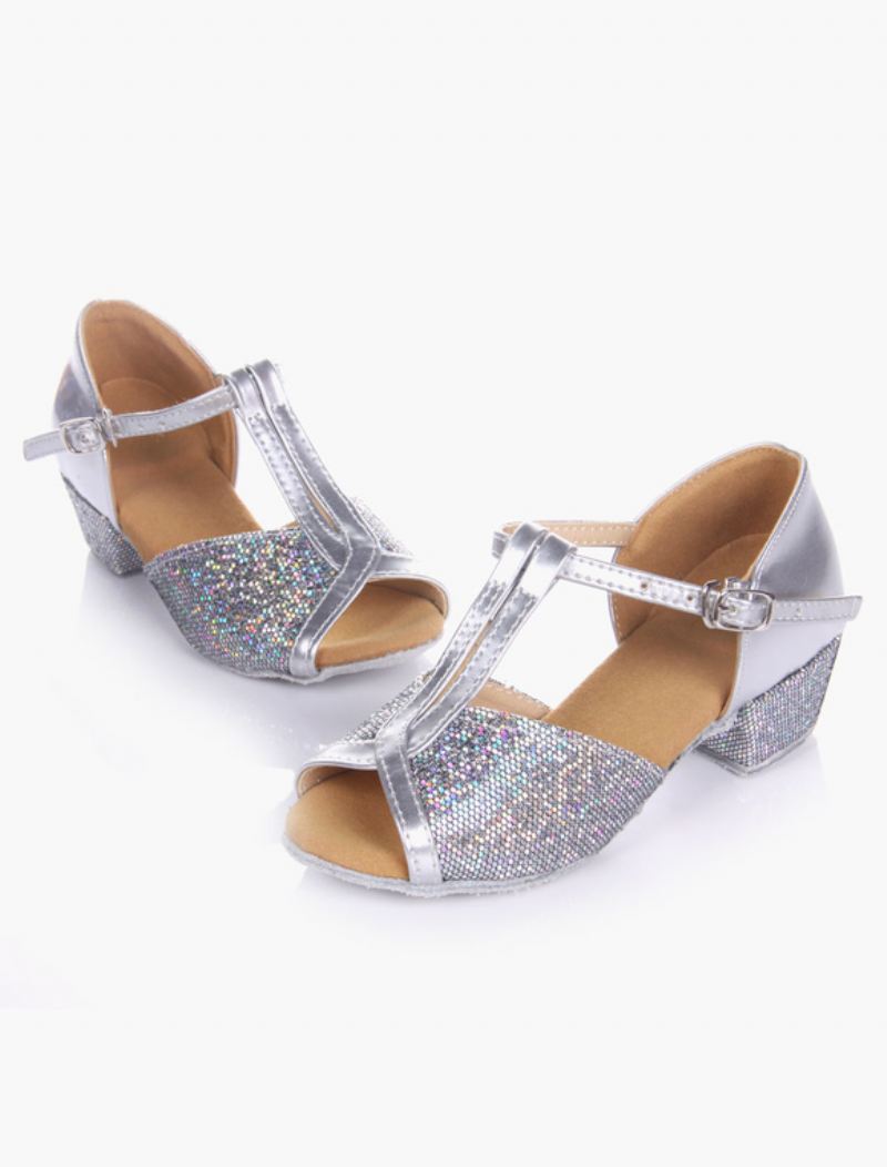 Dames Latin Dansschoenen Blond Peep Toe T Type Zachte Zool Ballroom Schoenen Kinderen - Zilver