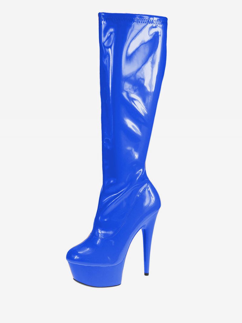 Dames Paaldansschoenen Blauw Sexy Laarzen Met Hoge Hak Ronde Neus Platform Halfhoge Stripperschoenen - Blauw