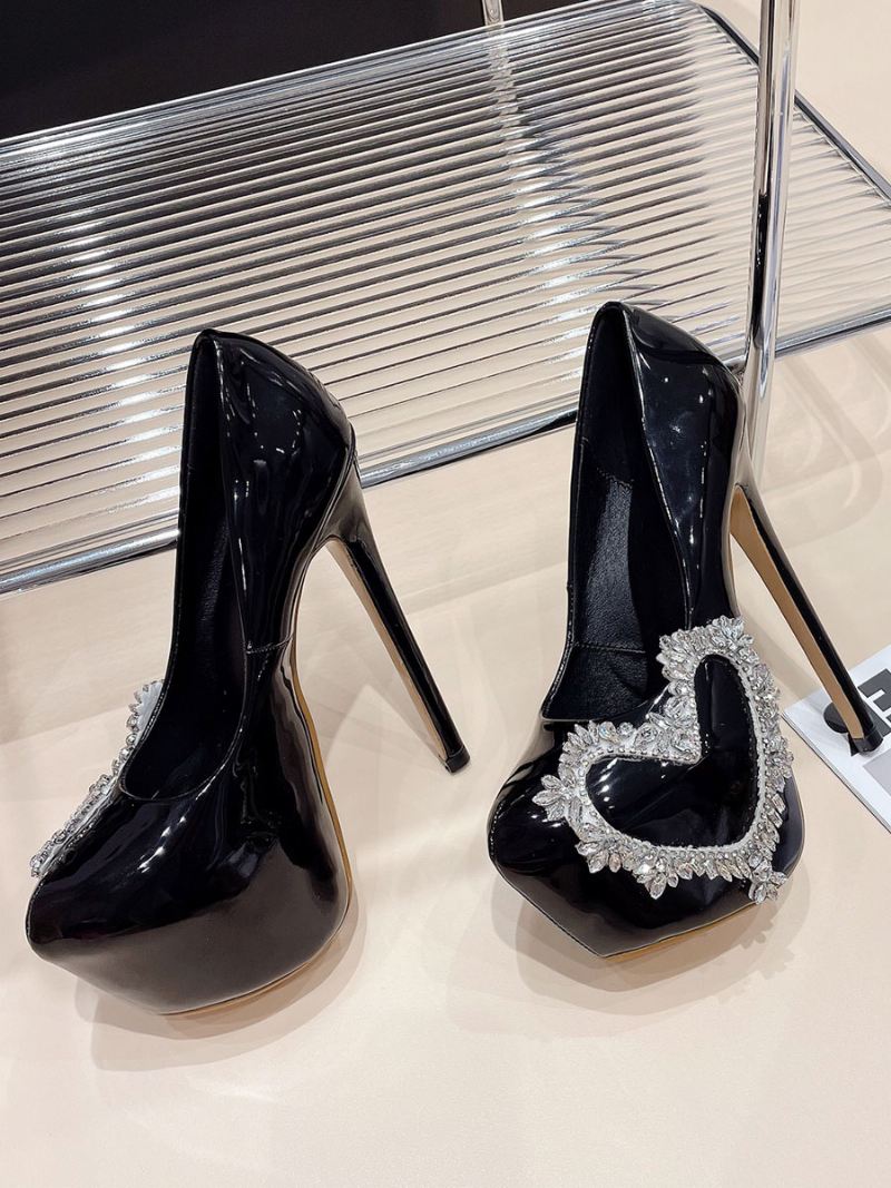 Dames Sexy Hoge Hakken Strass Naaldhak Lakleer Pumps - Zwart