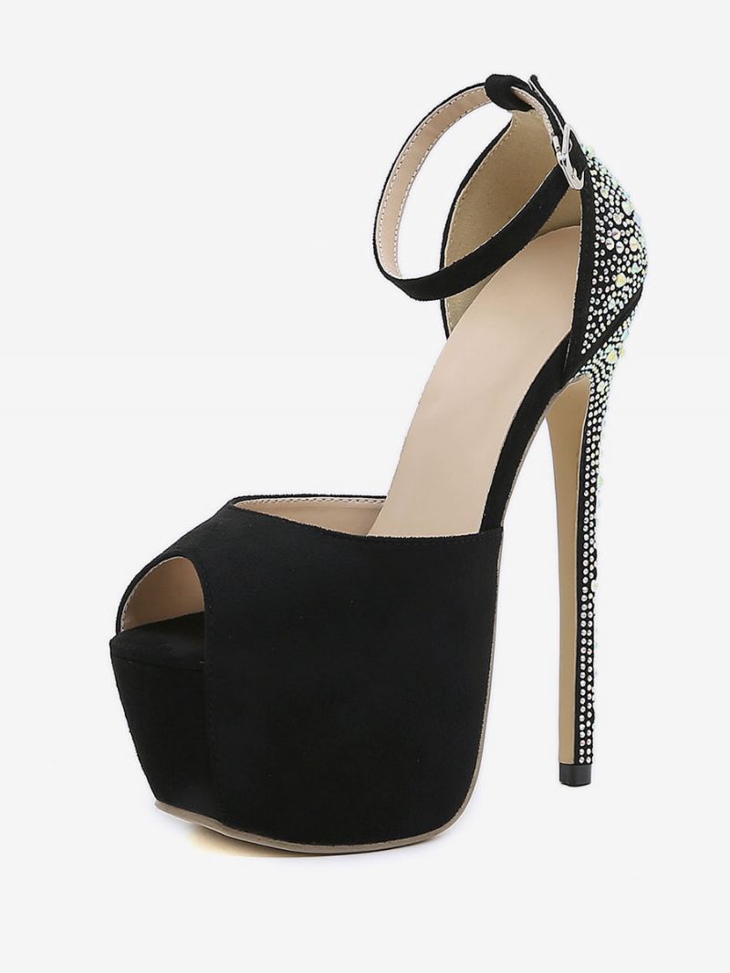 Dames Sexy Hoge Hakken Zwart Platform Strass Peep Toe Stiletto Hak Micro Suède Bovenste Pumps