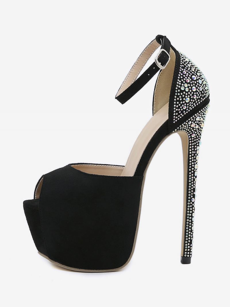 Dames Sexy Hoge Hakken Zwart Platform Strass Peep Toe Stiletto Hak Micro Suède Bovenste Pumps - Zwart