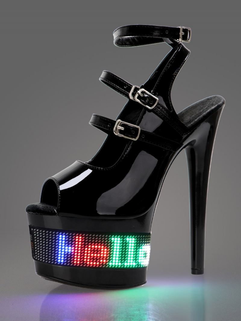 Dames Sexy Sandalen Zwart Pu-leer Peep Toe Platform Led-detail Schoenen