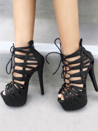 Dames Sexy Schoenen Zwart Platform Peep Toe Uitgesneden Veterschoenen Met Hoge Hak