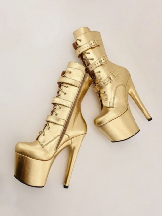 Gouden Sexy Laarzen Dames Metallic Ronde Neus Platform Rits Gesp Veterlaarzen Grote Maten Paaldansschoenen Stripperhakken