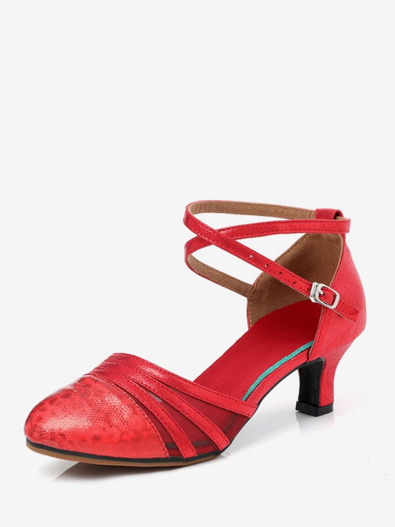 Latin Dansschoenen Dames Mesh Zilveren Met Ronde Neus - Rood