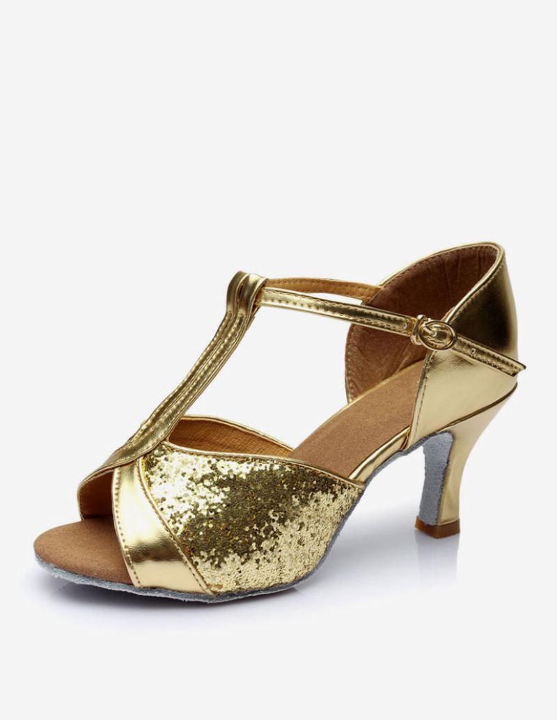 Latin-dansschoenen Dames Met Glitter Open Teen T-type Dansschoenen Gouden Ballroomschoenen