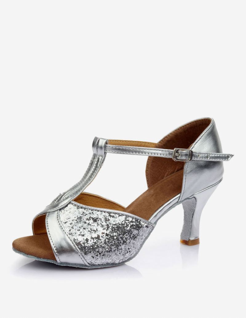 Latin-dansschoenen Dames Met Glitter Open Teen T-type Dansschoenen Gouden Ballroomschoenen - Zilver