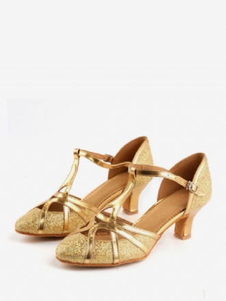 Latin Dansschoenen Dames Met Pailletten Goudkleurige Ronde Neus