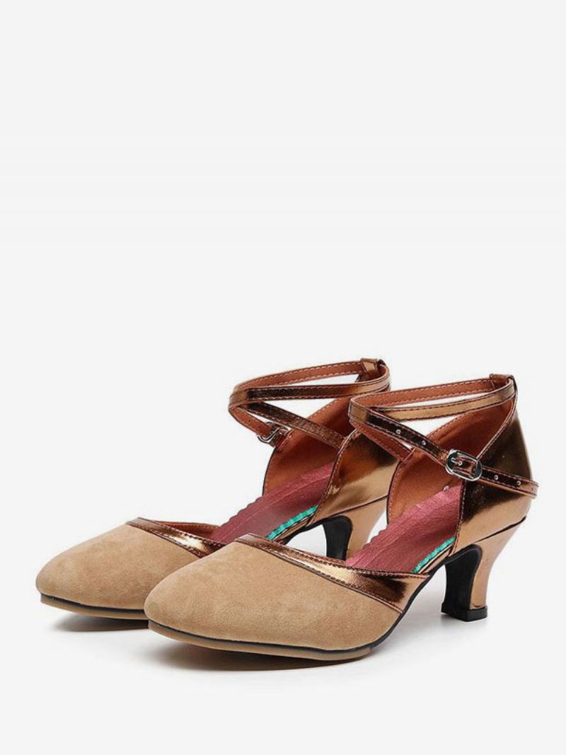 Latin Dansschoenen Dames Micro-suède Bovenwerk Camel Met Ronde Neus Gesp - Kameel