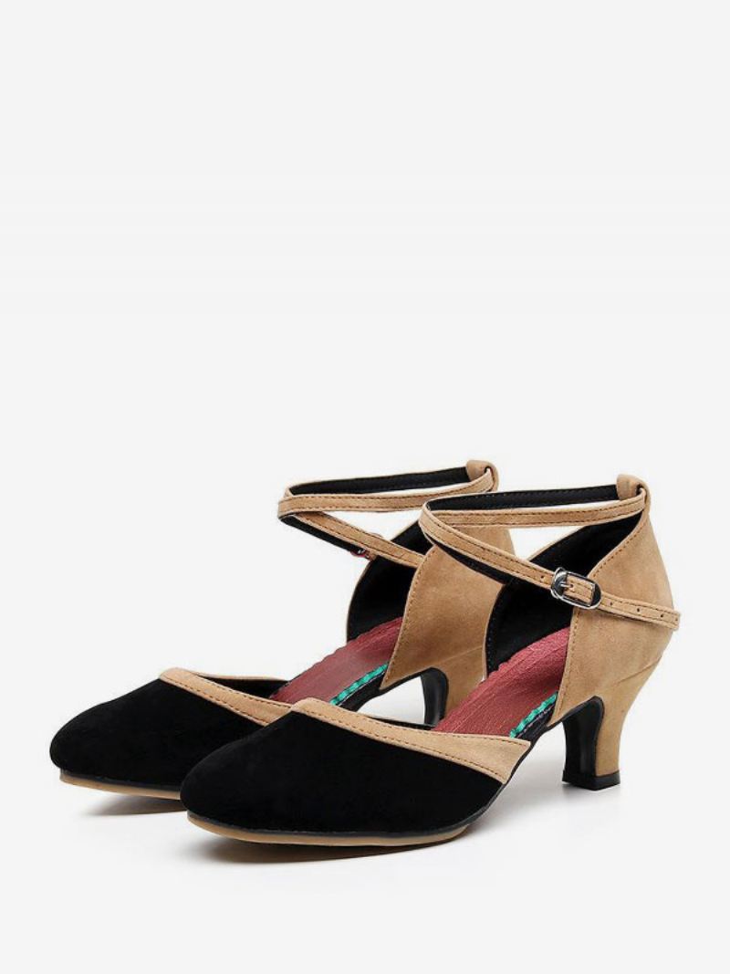 Latin Dansschoenen Dames Micro-suède Bovenwerk Camel Met Ronde Neus Gesp - Zwart