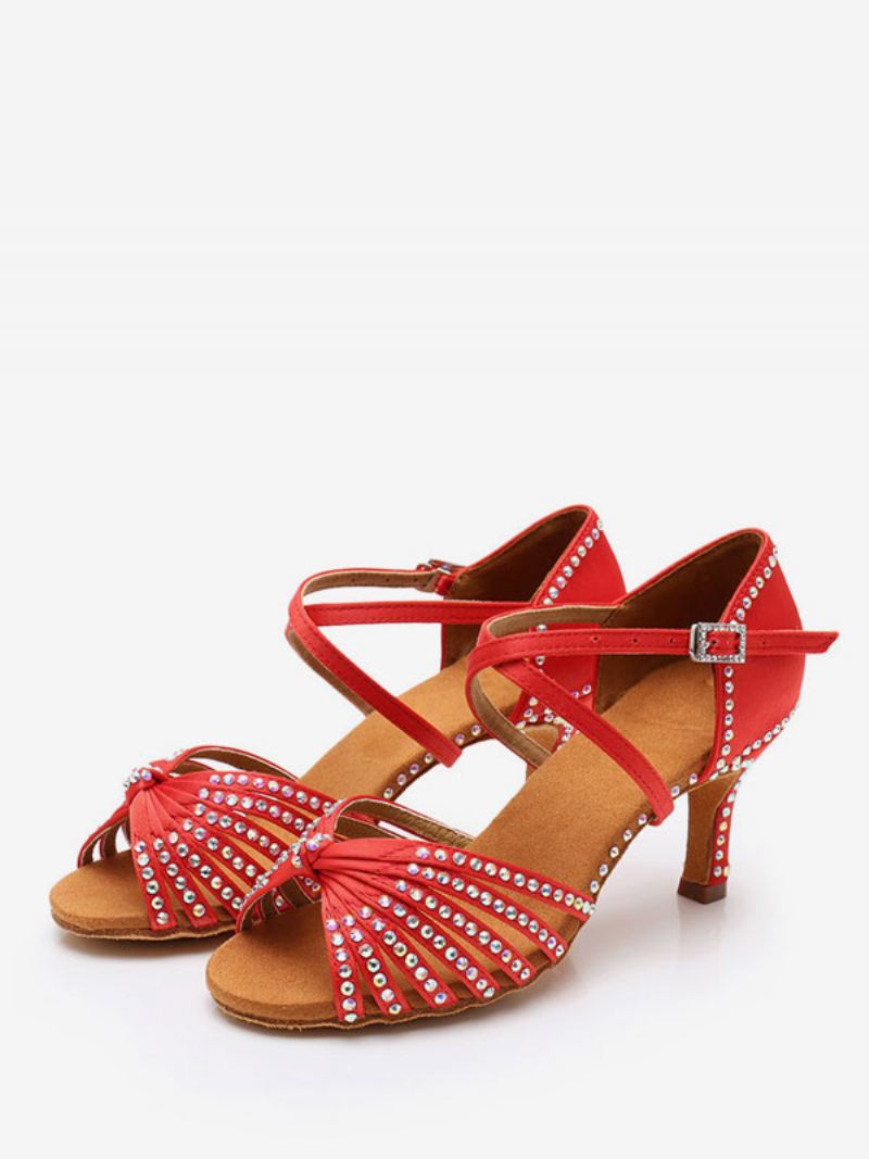 Latin-dansschoenen Dames Polyester Zwarte Dansschoenen Met Ronde Neus Strasssteentjes - Rood