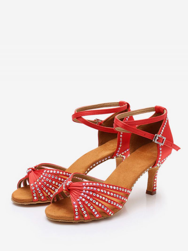 Latin-dansschoenen Dames Polyester Zwarte Dansschoenen Met Ronde Neus Strasssteentjes - Rood