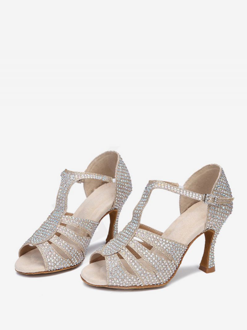 Latin-dansschoenen Dames Pu-leer Rode Ronde Neus Strass-dansschoenen - Goud