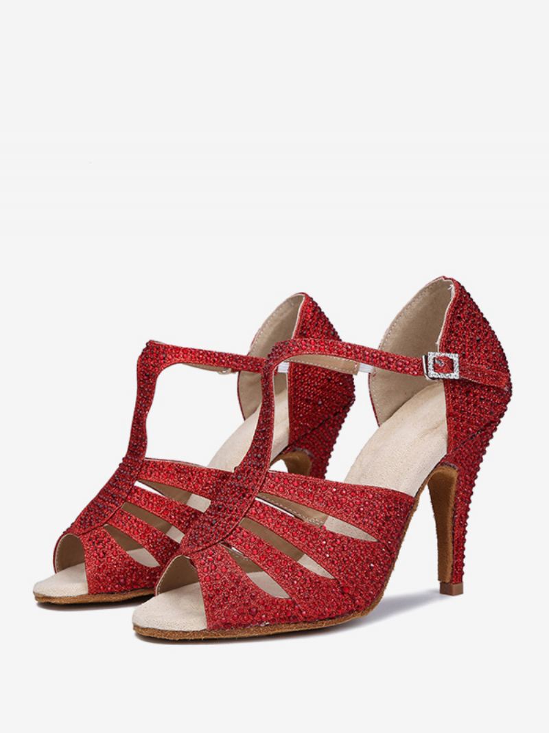 Latin-dansschoenen Dames Pu-leer Rode Ronde Neus Strass-dansschoenen - Rood