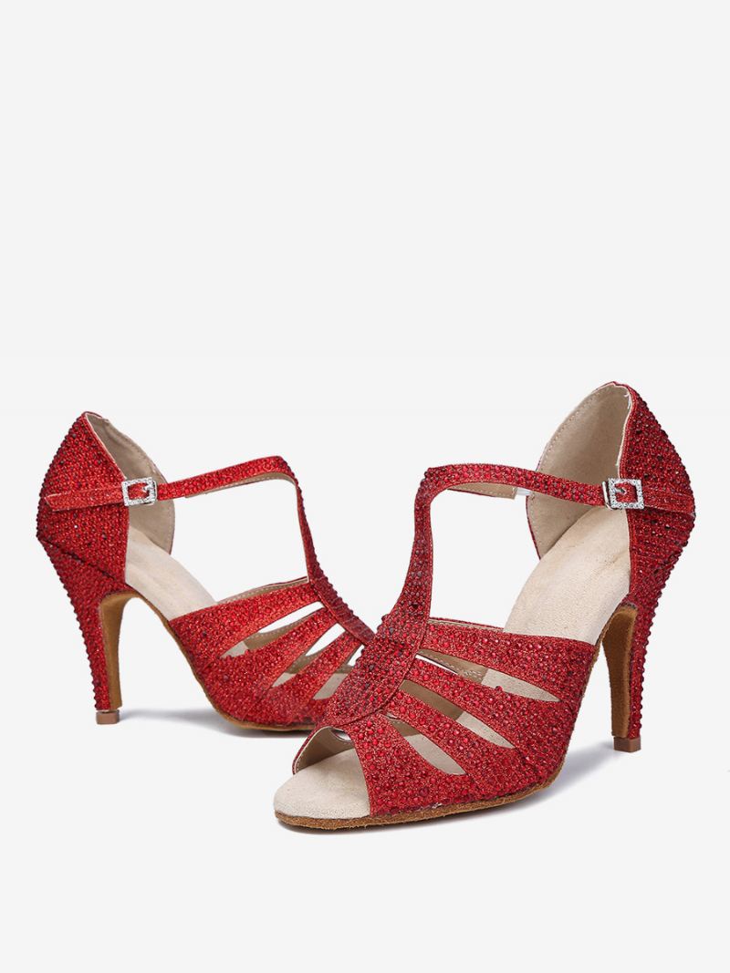 Latin-dansschoenen Dames Pu-leer Rode Ronde Neus Strass-dansschoenen - Rood