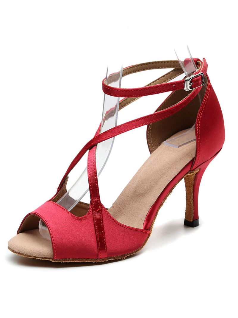 Latin Dansschoenen Dames Rode Peep Toe Gekruiste Ballroomdansschoenen