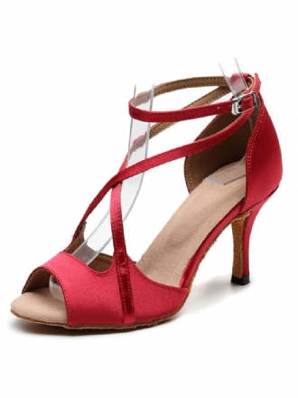 Latin Dansschoenen Dames Rode Peep Toe Gekruiste Ballroomdansschoenen