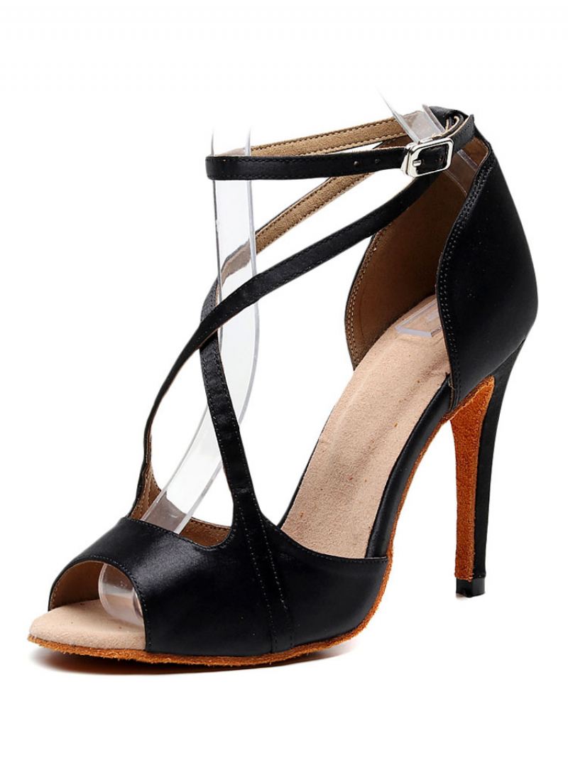 Latin Dansschoenen Dames Rode Peep Toe Gekruiste Ballroomdansschoenen - Zwart