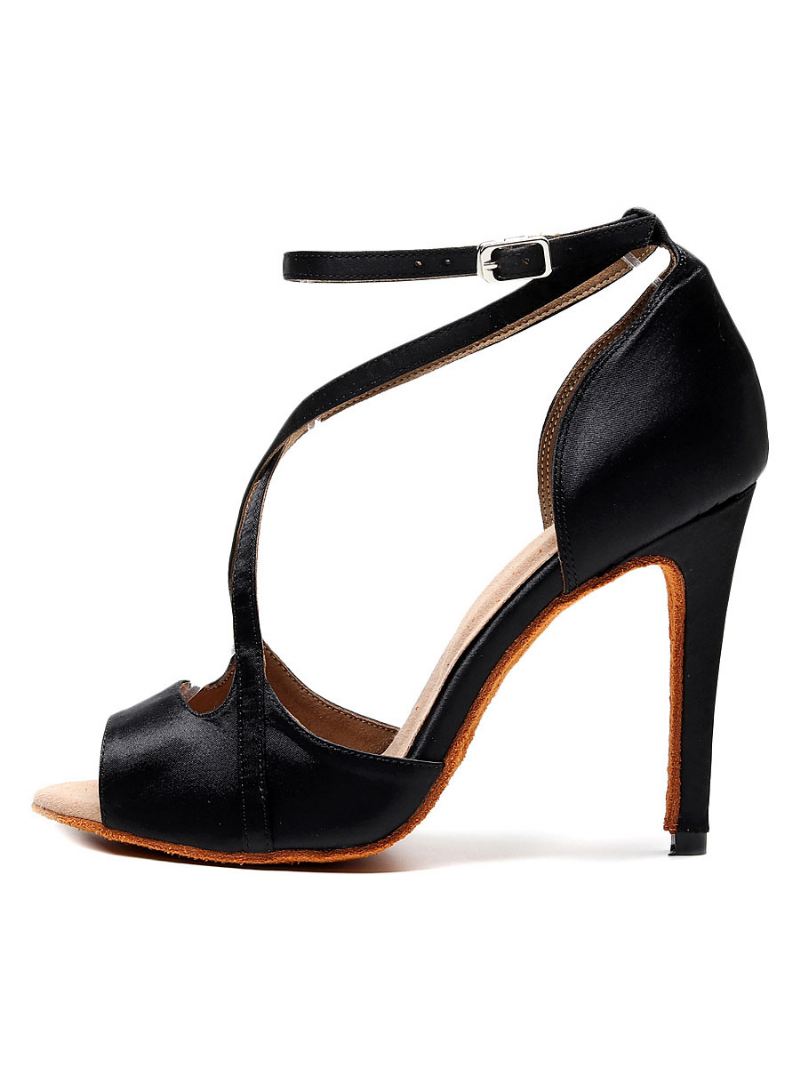 Latin Dansschoenen Dames Rode Peep Toe Gekruiste Ballroomdansschoenen - Zwart