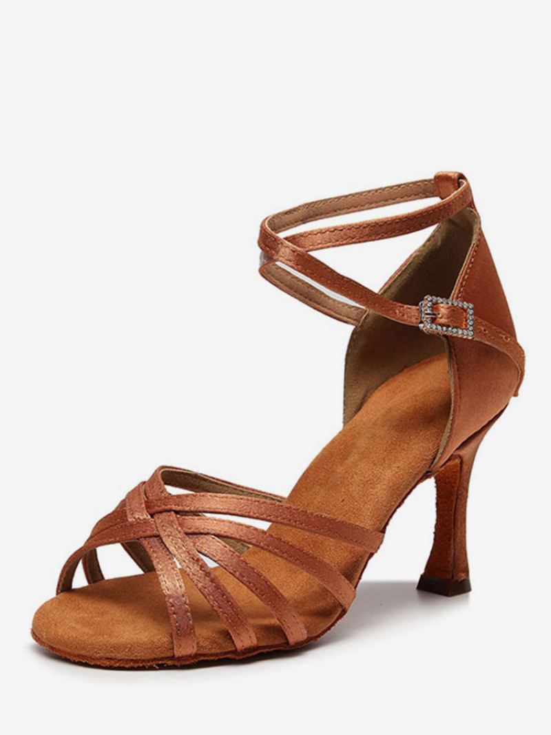 Latin-dansschoenen Dames Satijn Koffiebruin Peep Toe Naaldhak Satijnen - Koffie Bruin