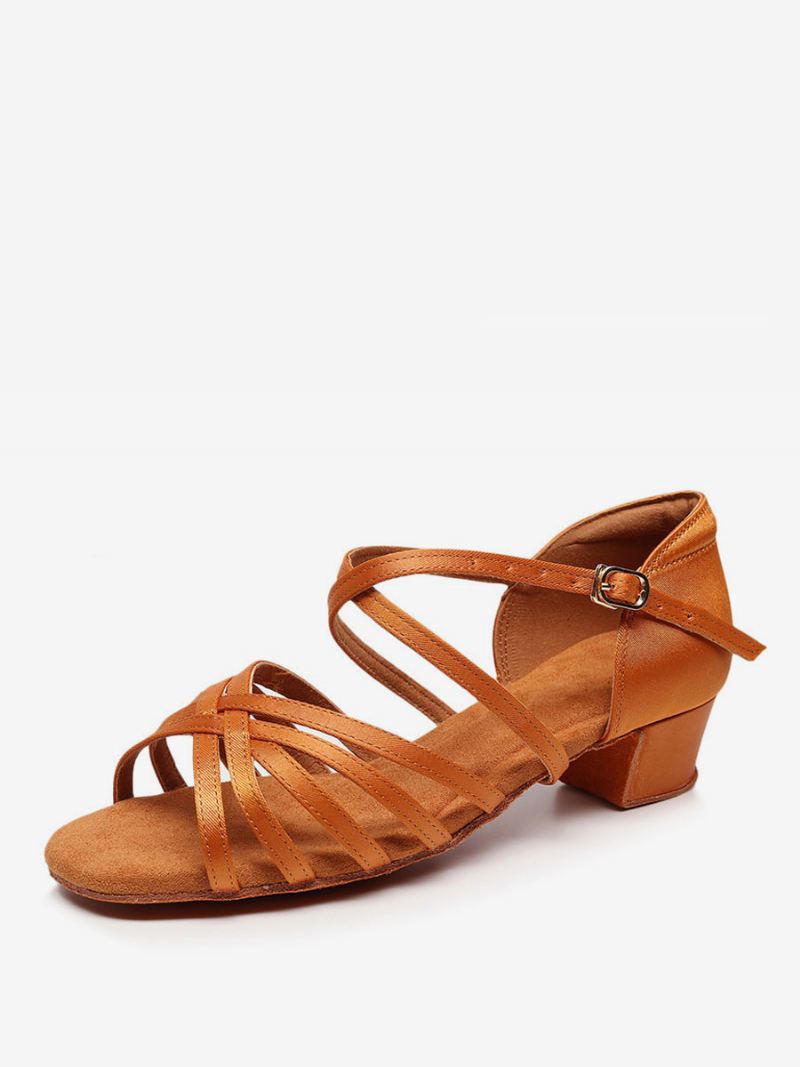 Latin-dansschoenen Dames Zijde Satijn Koffiebruine Peep-toe-dansschoenen