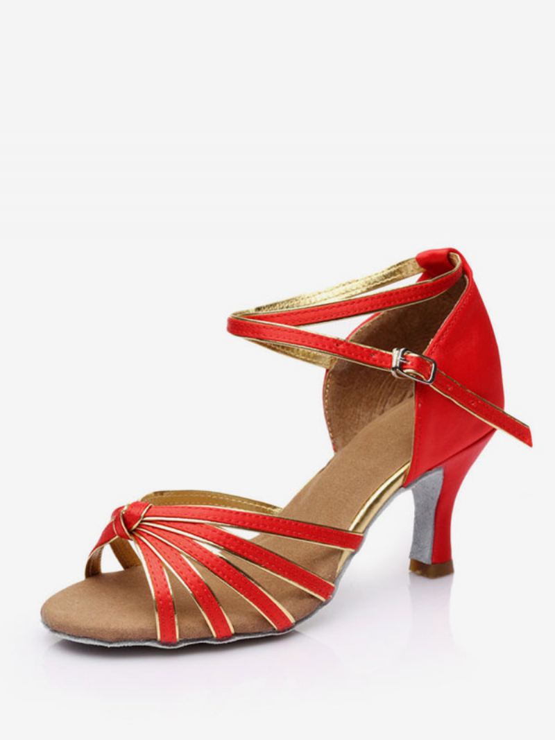 Latin-dansschoenen Dames Zijde Satijn Naaktkleurige Peep-toe-dansschoenen - Rood