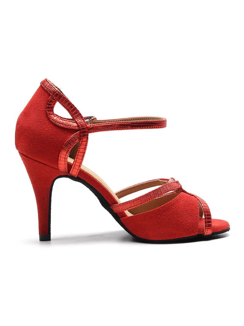 Op Maat Gemaakte Latin-dansschoenen Dames Suède Rode Peep-toe Ballroomdansschoenen - Rood