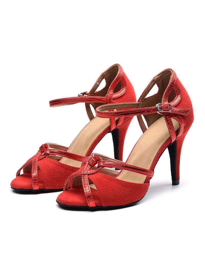 Op Maat Gemaakte Latin-dansschoenen Dames Suède Rode Peep-toe Ballroomdansschoenen - Rood