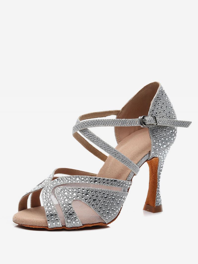 Op Maat Gemaakte Latin-dansschoenen Dames Zilveren Peeptoe-steentjes Ballroomdansschoenen