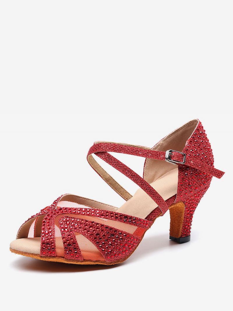 Op Maat Gemaakte Latin-dansschoenen Dames Zilveren Peeptoe-steentjes Ballroomdansschoenen - Rood