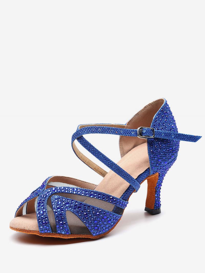 Op Maat Gemaakte Latin-dansschoenen Dames Zilveren Peeptoe-steentjes Ballroomdansschoenen - Blauw