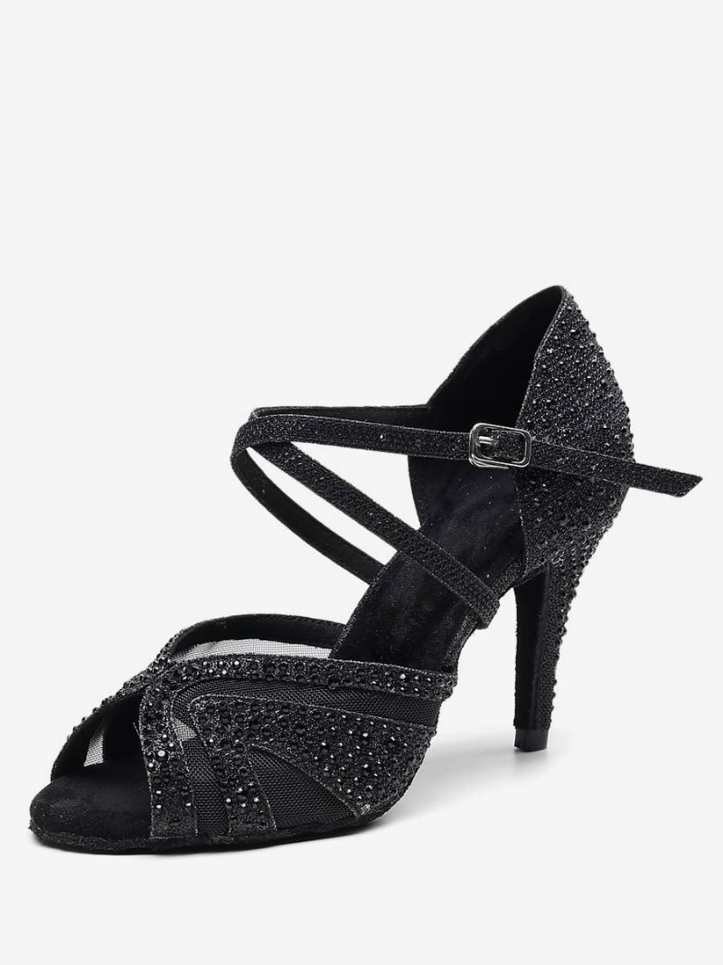 Op Maat Gemaakte Latin-dansschoenen Dames Zilveren Peeptoe-steentjes Ballroomdansschoenen - Zwart