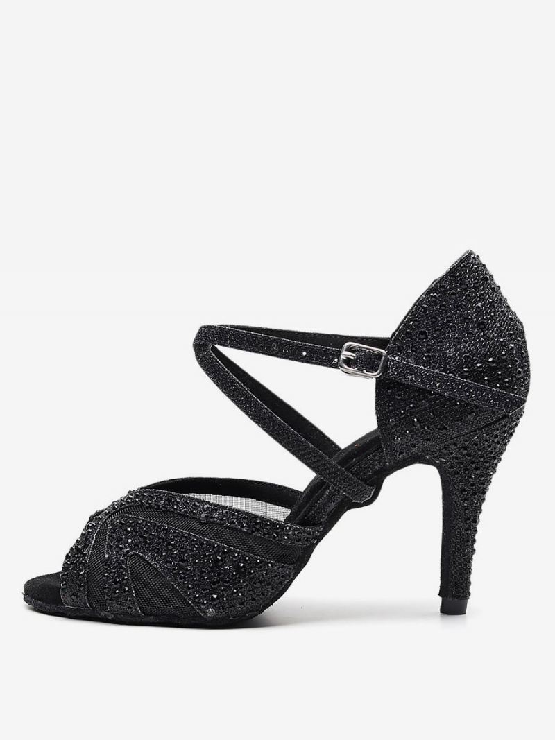 Op Maat Gemaakte Latin-dansschoenen Dames Zilveren Peeptoe-steentjes Ballroomdansschoenen - Zwart