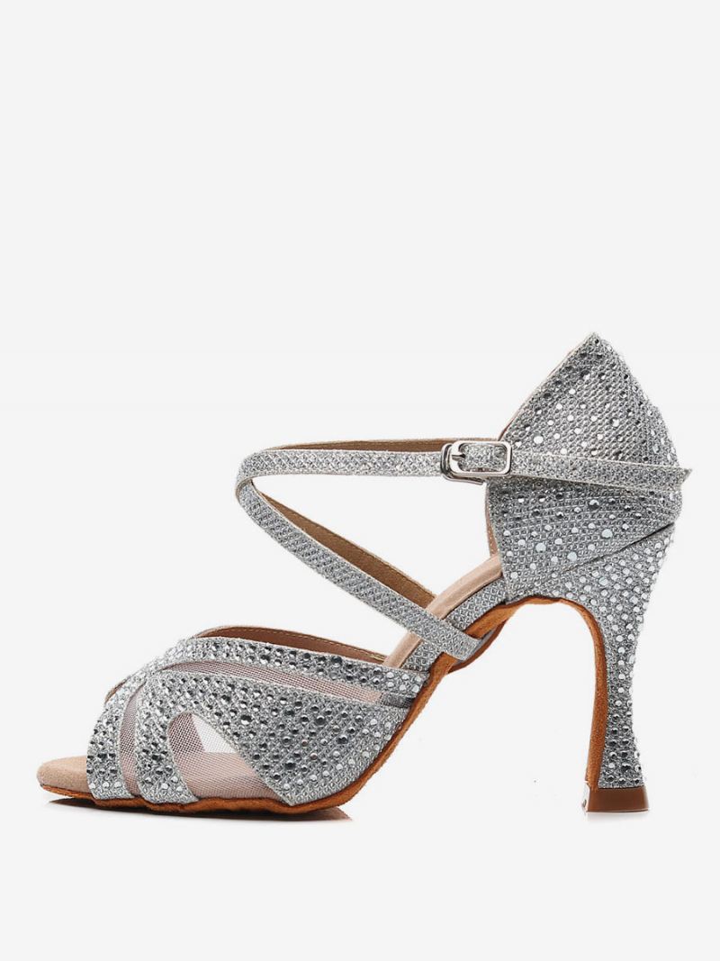 Op Maat Gemaakte Latin-dansschoenen Dames Zilveren Peeptoe-steentjes Ballroomdansschoenen - Zilver