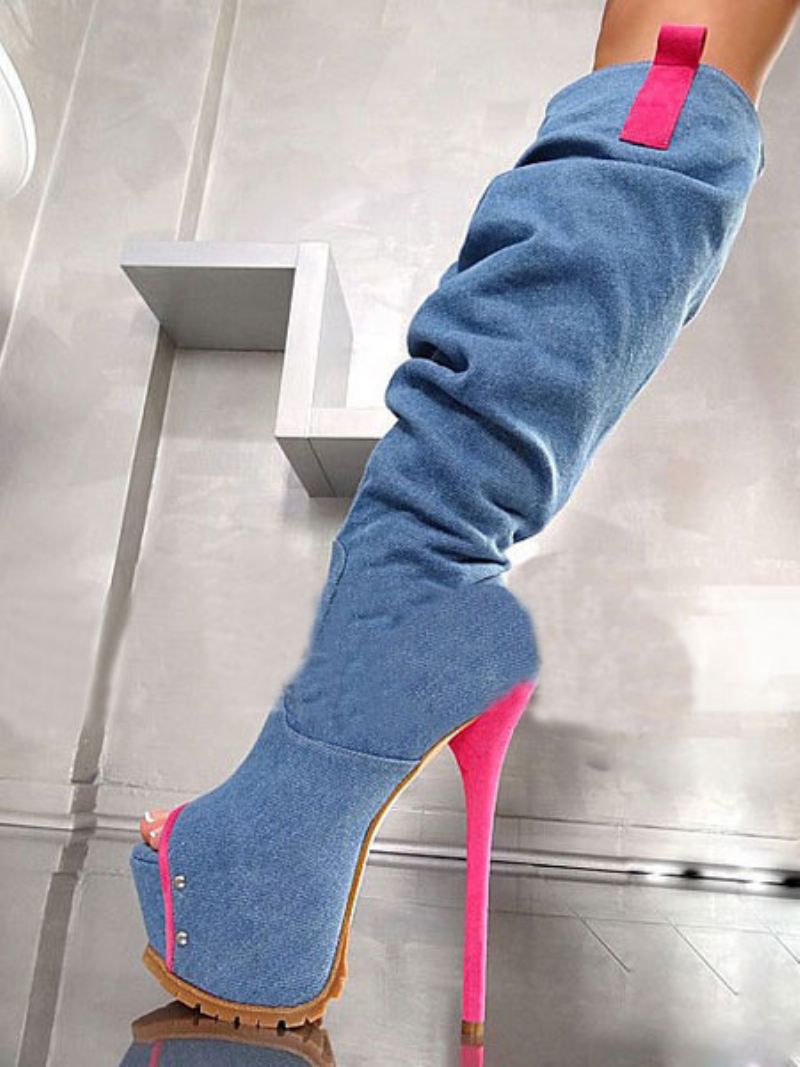 Over Knie Laarzen Peep Toe Naaldhak Tweekleurige Blauwe Dij Hoge Dames