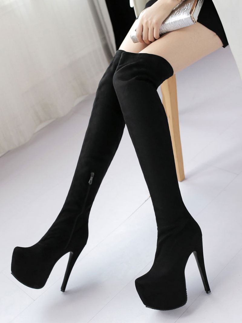 Overknee Laarzen Dames Sexy Schoenen Zwart Platform Stiletto Stretch