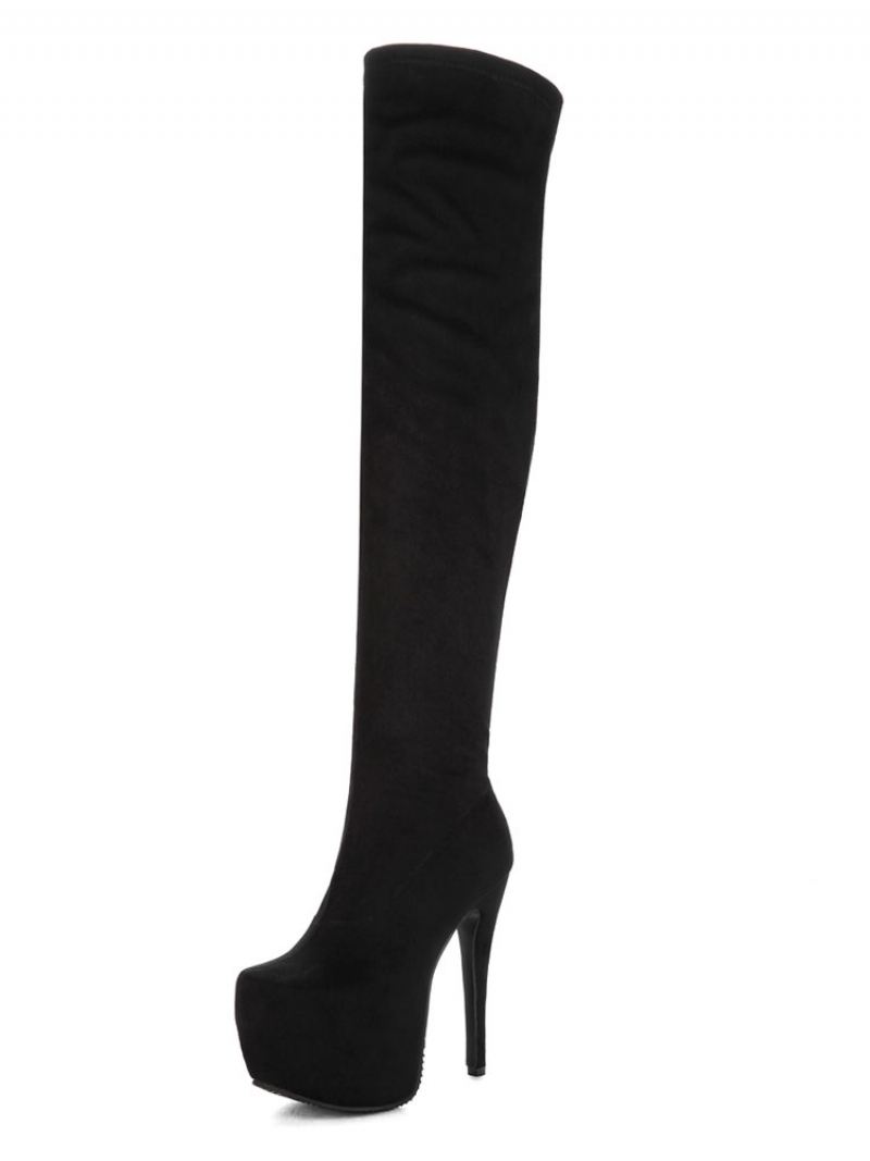 Overknee Laarzen Dames Sexy Schoenen Zwart Platform Stiletto Stretch - Zwart