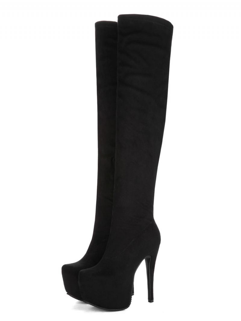 Overknee Laarzen Dames Sexy Schoenen Zwart Platform Stiletto Stretch - Zwart