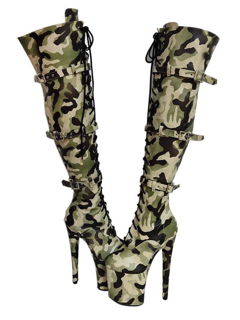 Paaldansschoenen Dames Camouflage Sexy Platform Stilettohak Overknee Laarzen Met Gespen