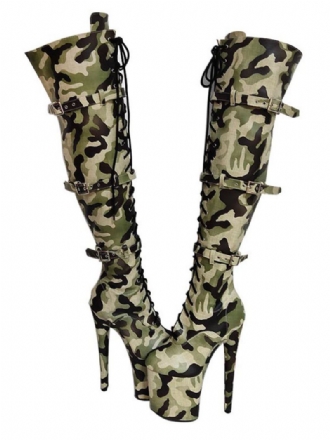 Paaldansschoenen Dames Camouflage Sexy Platform Stilettohak Overknee Laarzen Met Gespen