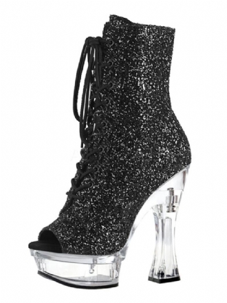 Paaldansschoenen Dames Glitter Lace Up Sexy Enkellaarzen Doorzichtig Platform Dikke Hakken