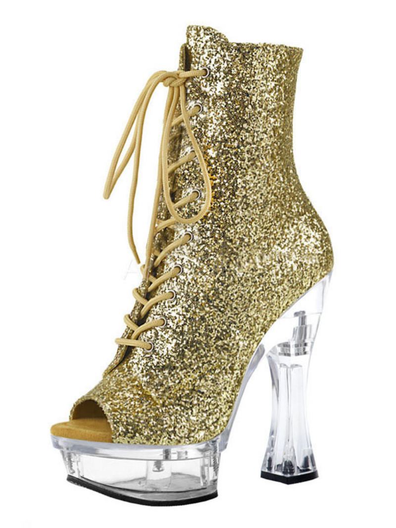 Paaldansschoenen Dames Glitter Lace Up Sexy Enkellaarzen Doorzichtig Platform Dikke Hakken - Goud